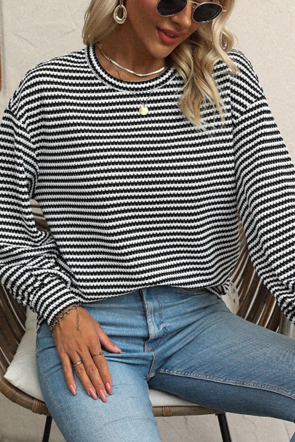 Striped Round Neck Long Sleeve Top - Charming Charlie