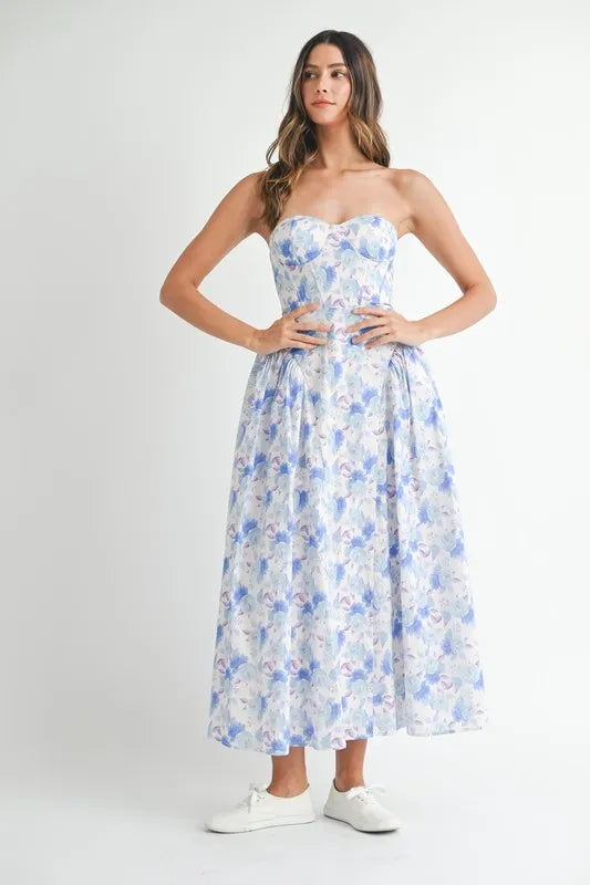 MABLE Sweetheart Neckline Floral Printed Midi Dress Blue / M
