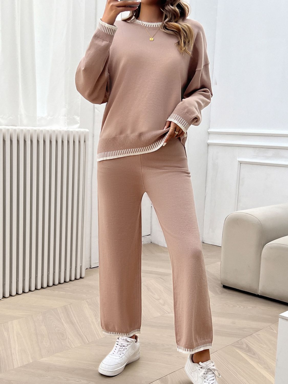 Round Neck Dropped Shoulder Top and Pants Sweater Set - Charming Charlie