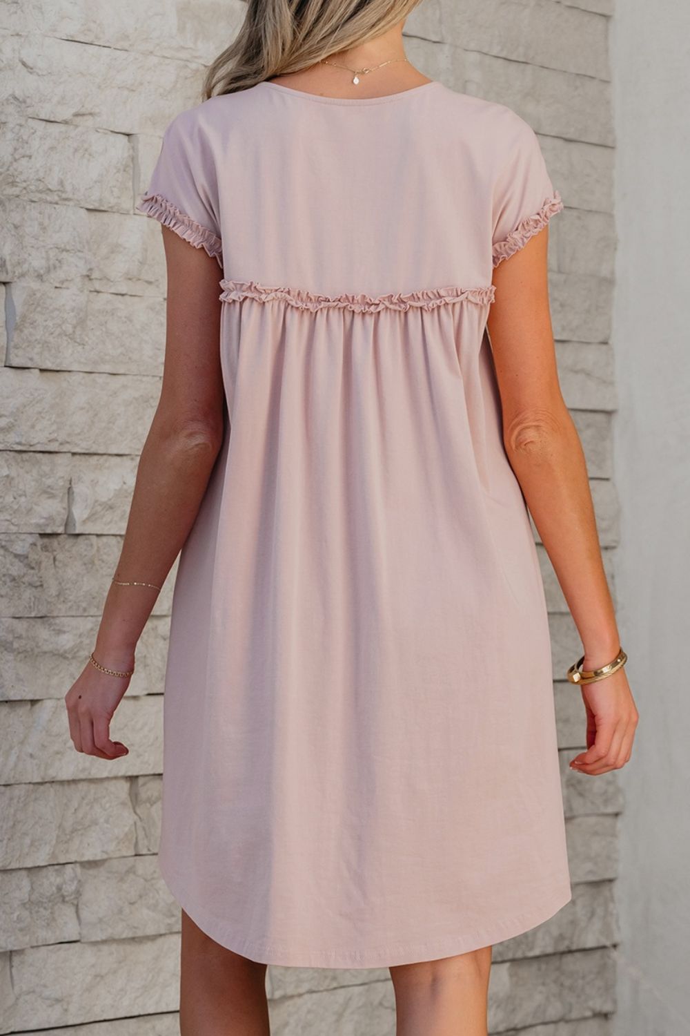 Wholesale MOQ6 Frilled Trim Crew Neck Cap Sleeve Loose Fit Mini Dress Wholesale MOQ6 Frilled Trim Crew Neck Cap Sleeve Loose Fit Mini Dress