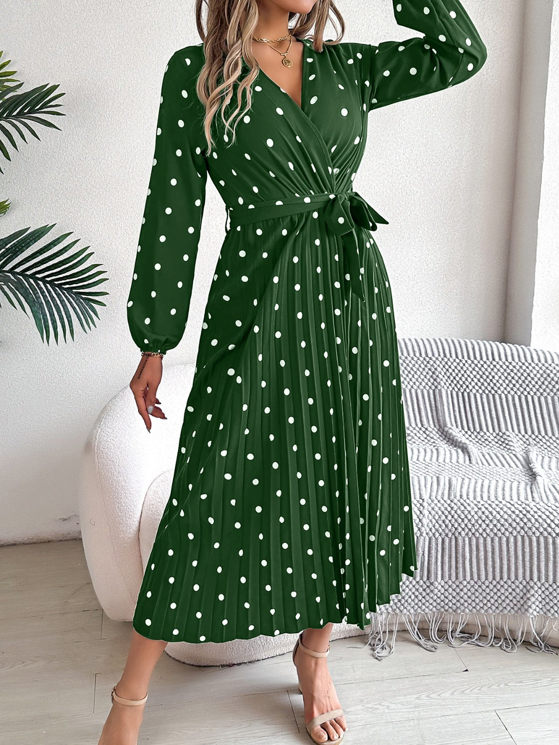 Tied Polka Dot Long Sleeve Midi Dress Burgundy / XL