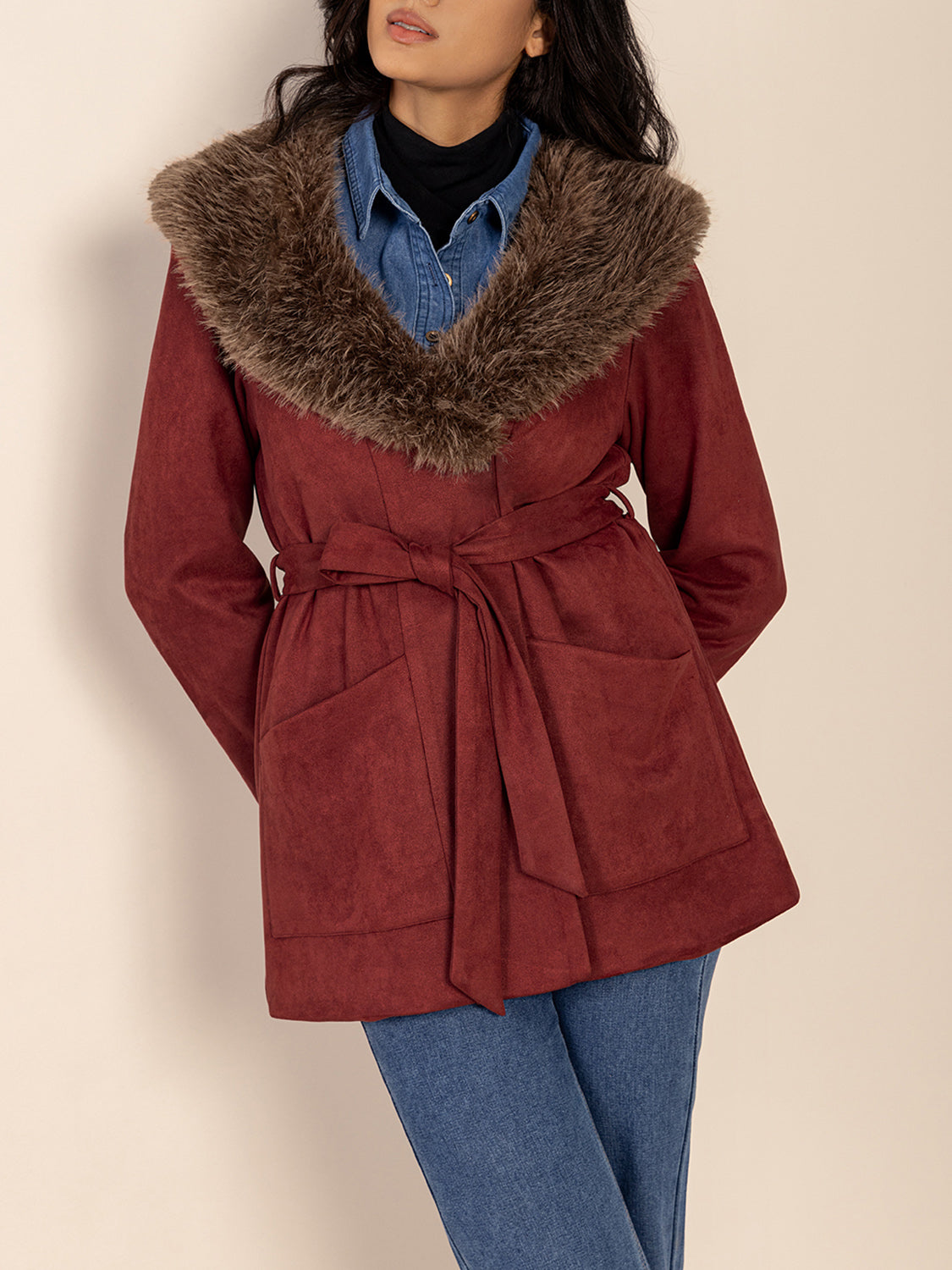 Fuzzy Collared Neck Tie Waist Jacket - Charming Charlie