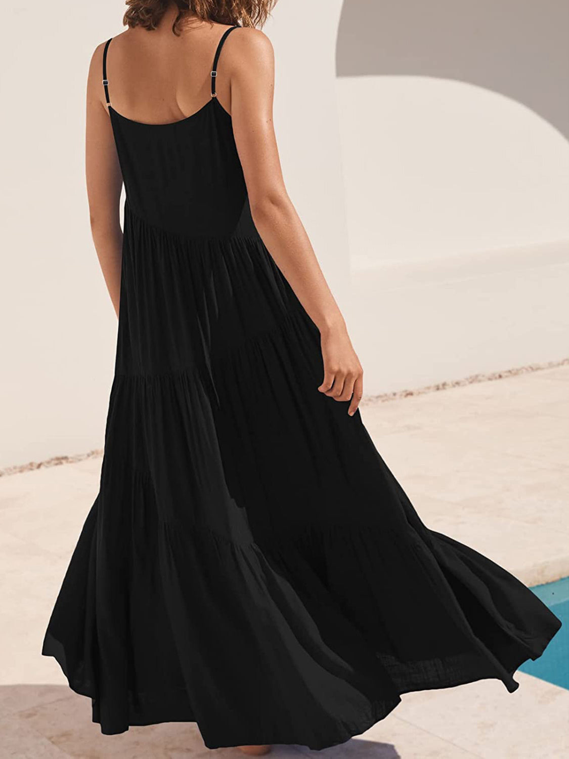 Spaghetti Straps Ruched Tiered Dress With Slit Silver main image 1