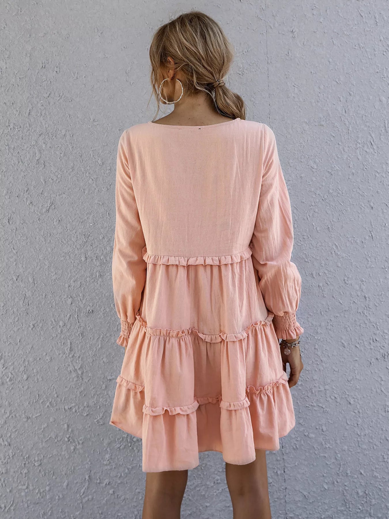 long-sleeve ruffle tiered mini dress Ruffle Tiered Long Sleeve Mini Dress Apricot / L