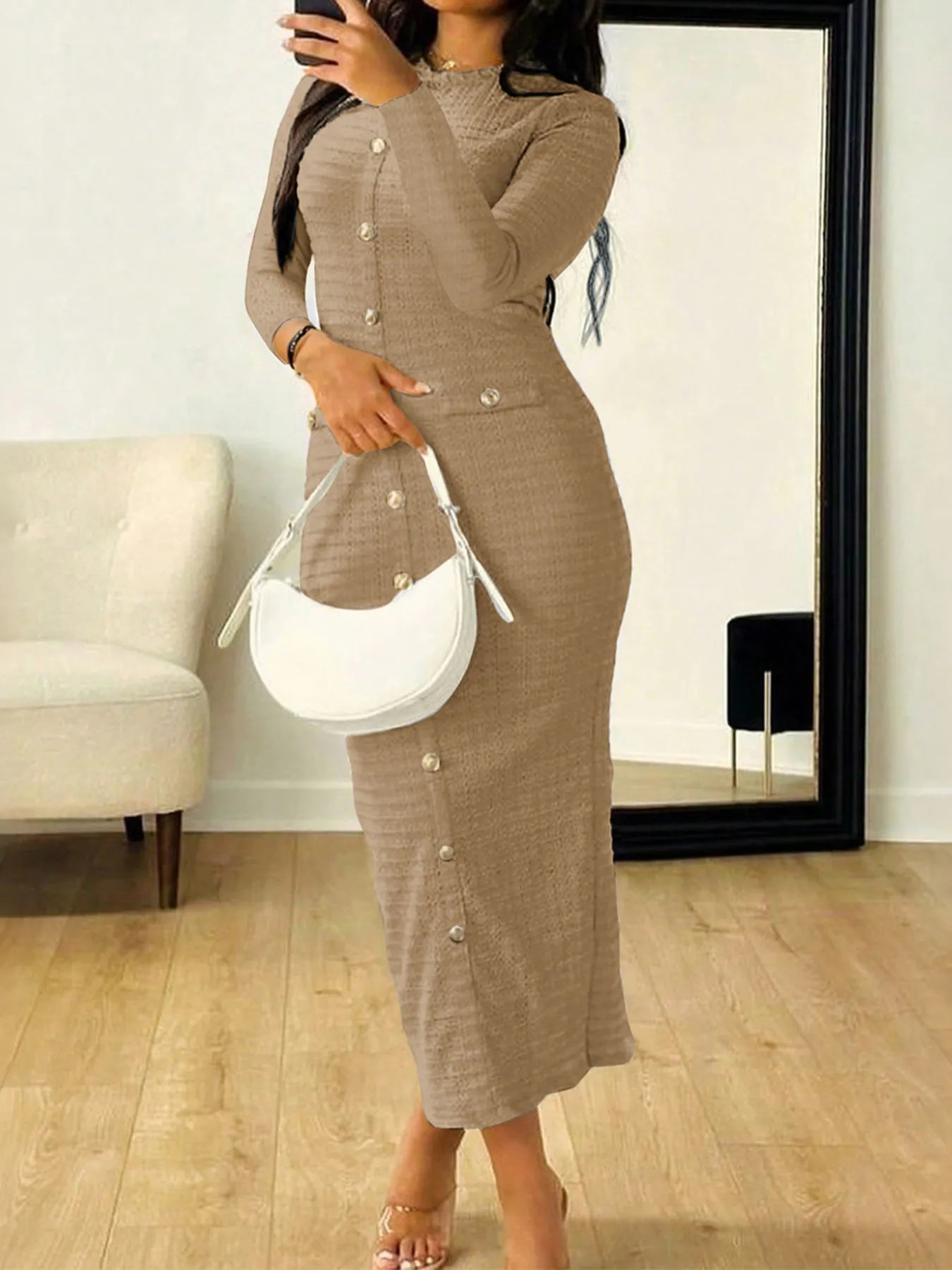 chinese dress ladies Textured Long Sleeve Midi Dress Black / M