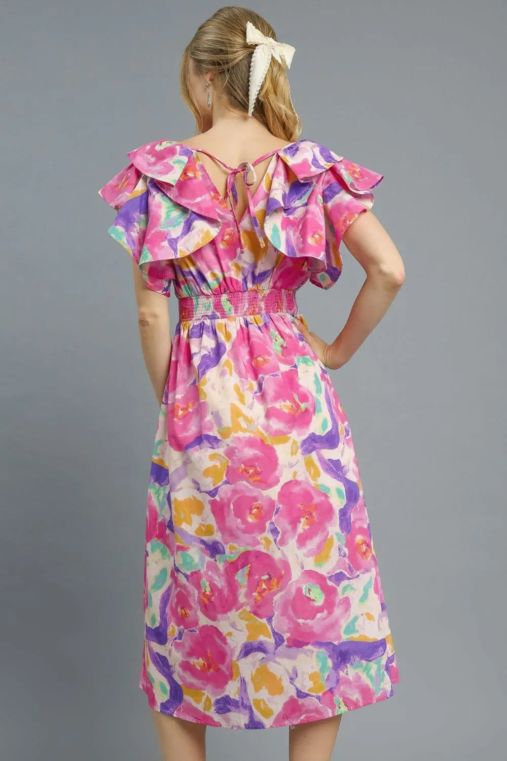 Umgee Full Size Smocked Detail Floral Metallic Ruffle Cap Sleeve Dress Plus Size