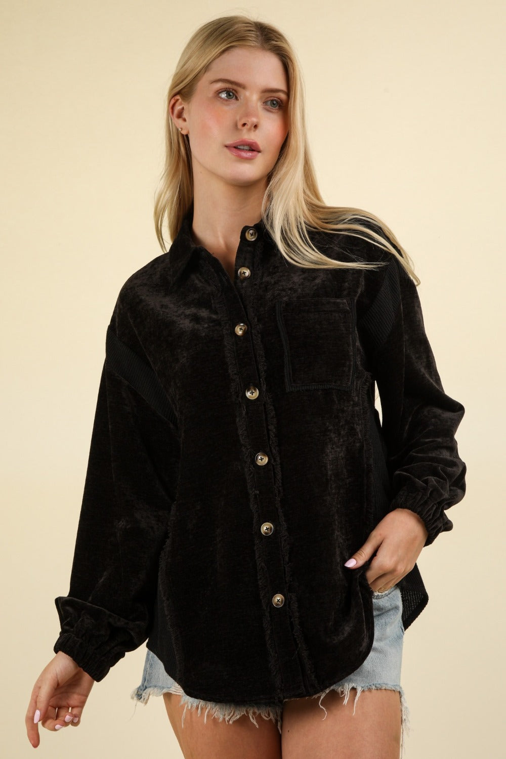 VERY J Mixed Media Button Down Raw Hem Shacket - Charming Charlie