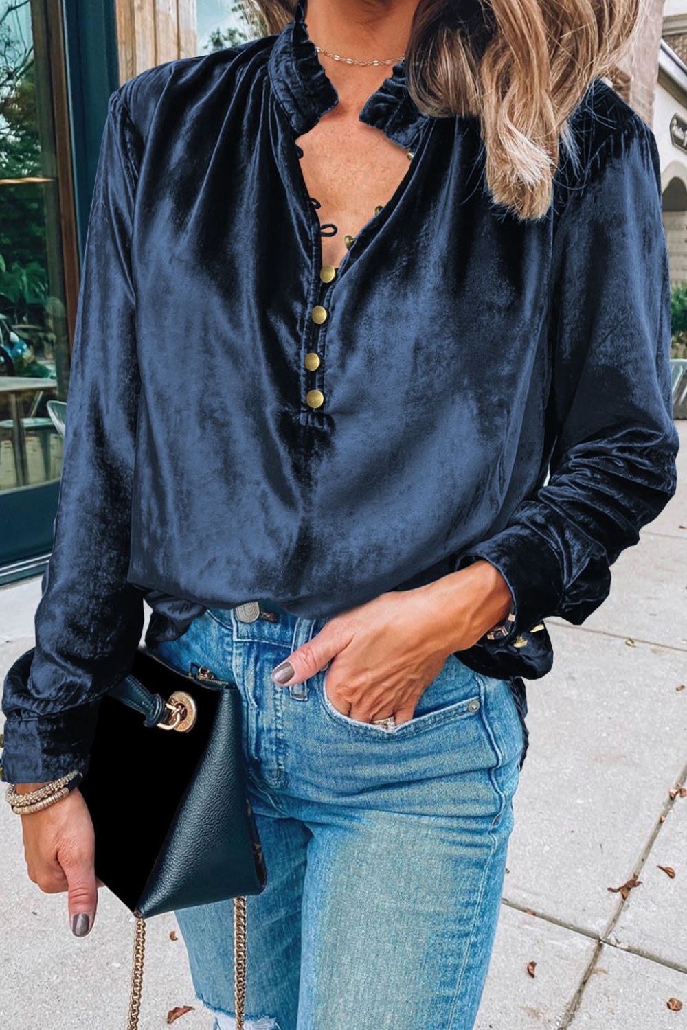 Frill Half Button Mock Neck Long Sleeve Blouse - Charming Charlie