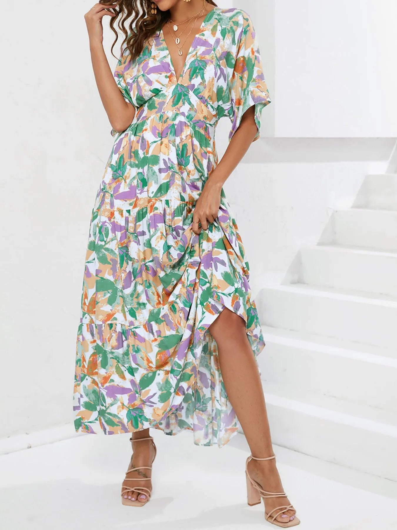 boho midi dresses Floral Print V-neck Boho Midi Dress Gum Leaf / L