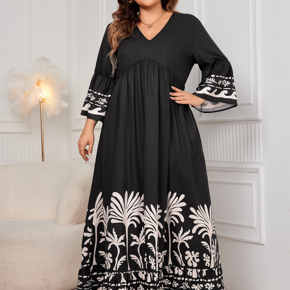 Plus Size Printed V-Neck Long Sleeve Maxi Dress Charming Charlie Plus Size Printed V-Neck Long Sleeve Maxi Dress Charming Charlie