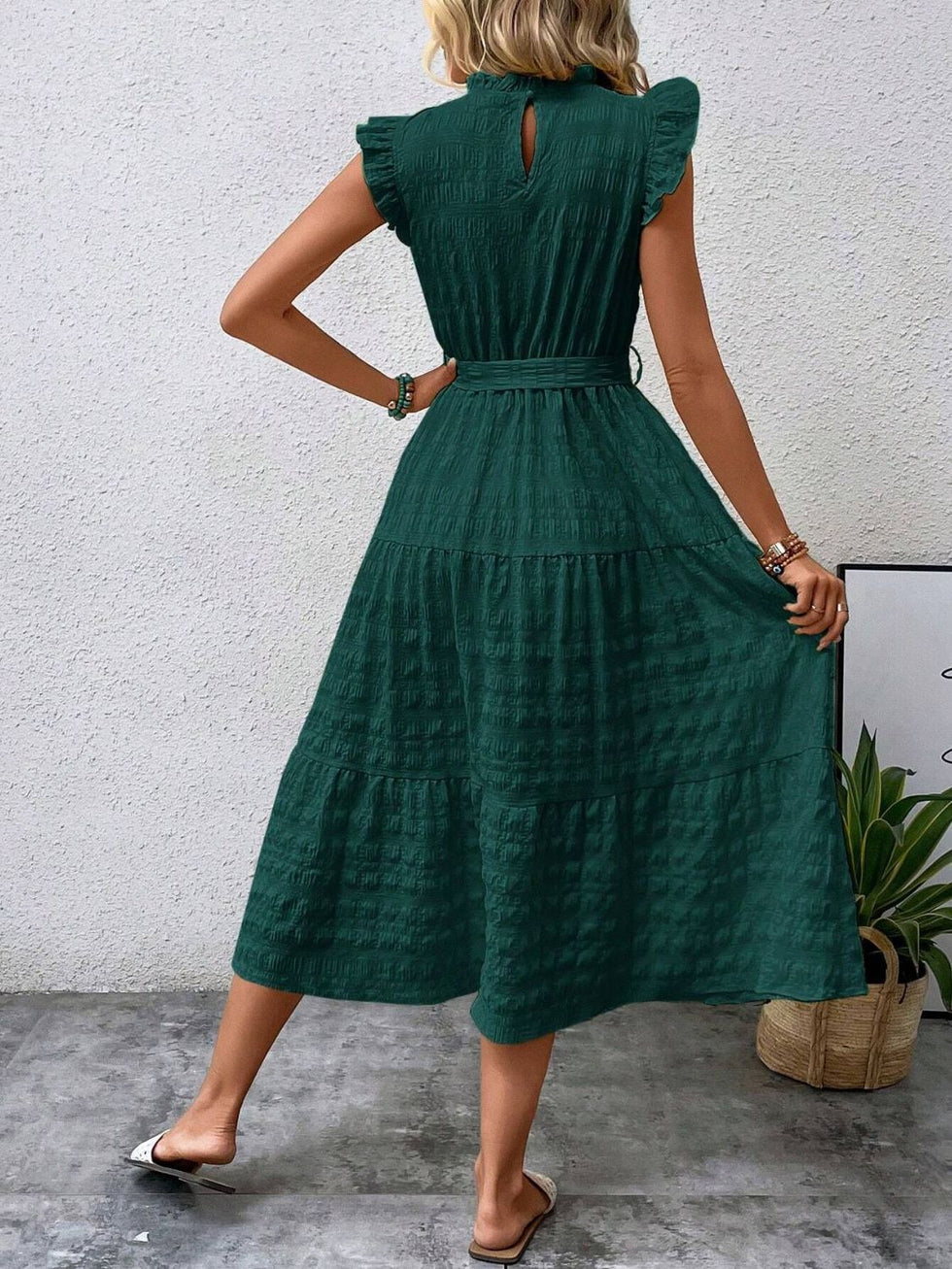 Tied Pleated Printed Cap Sleeve Dress main image 0