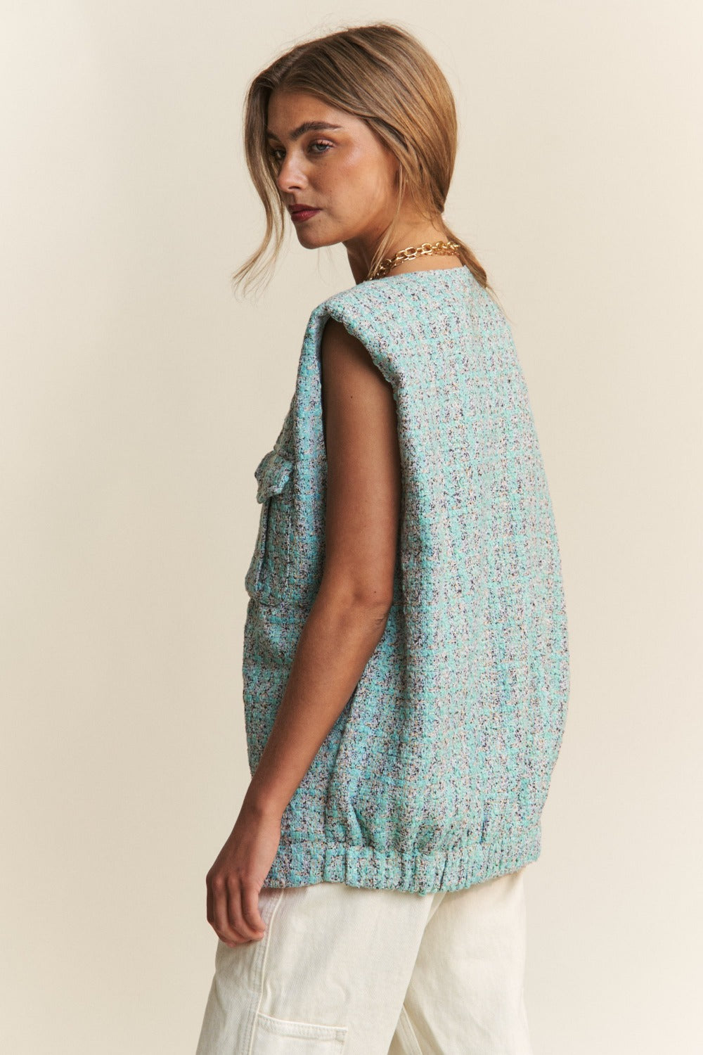 J.NNA Frayed Tweed Padded Shoulder Vest – Charming Charlie
