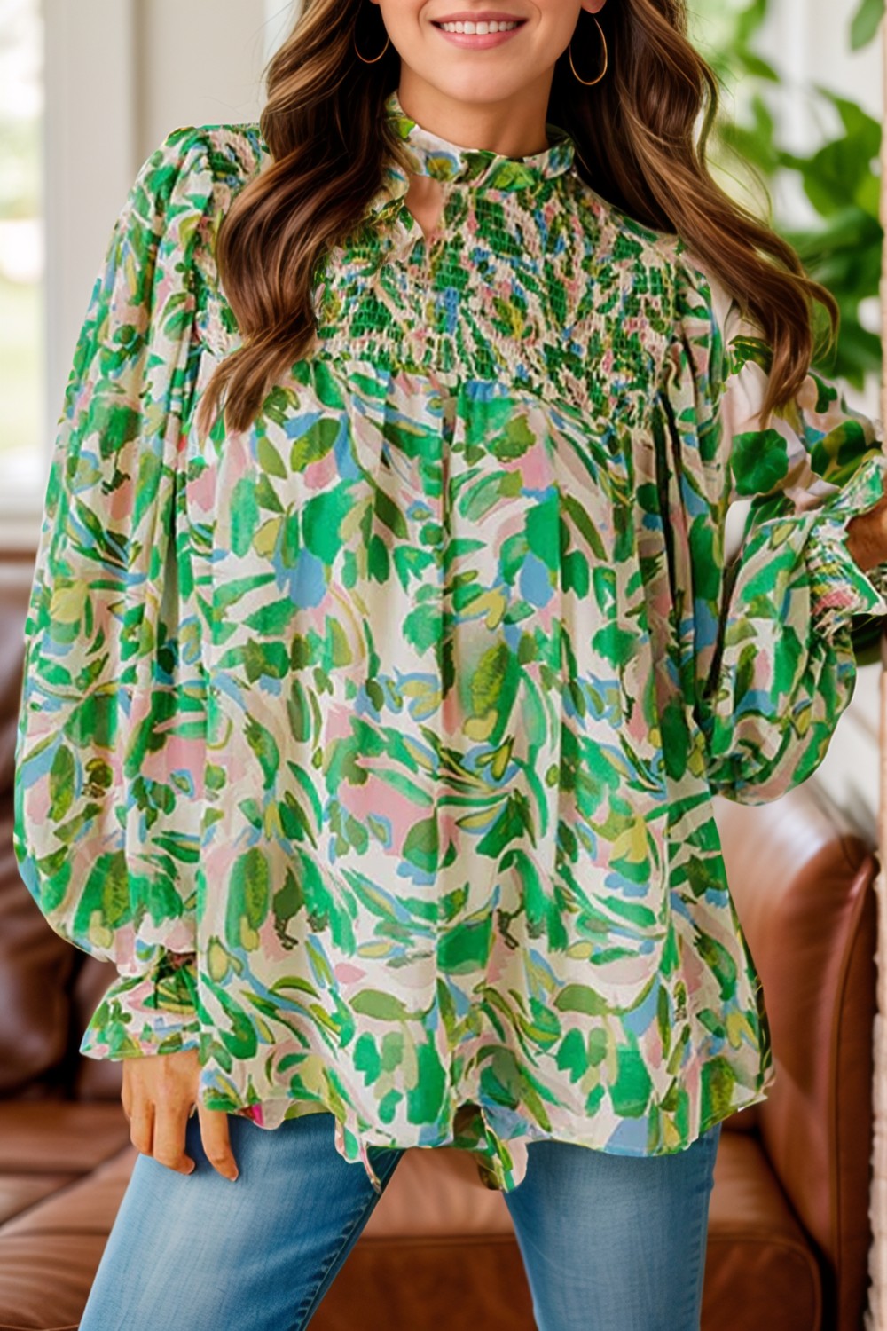 Frill Printed Mock Neck Flounce Sleeve Blouse - Charming Charlie