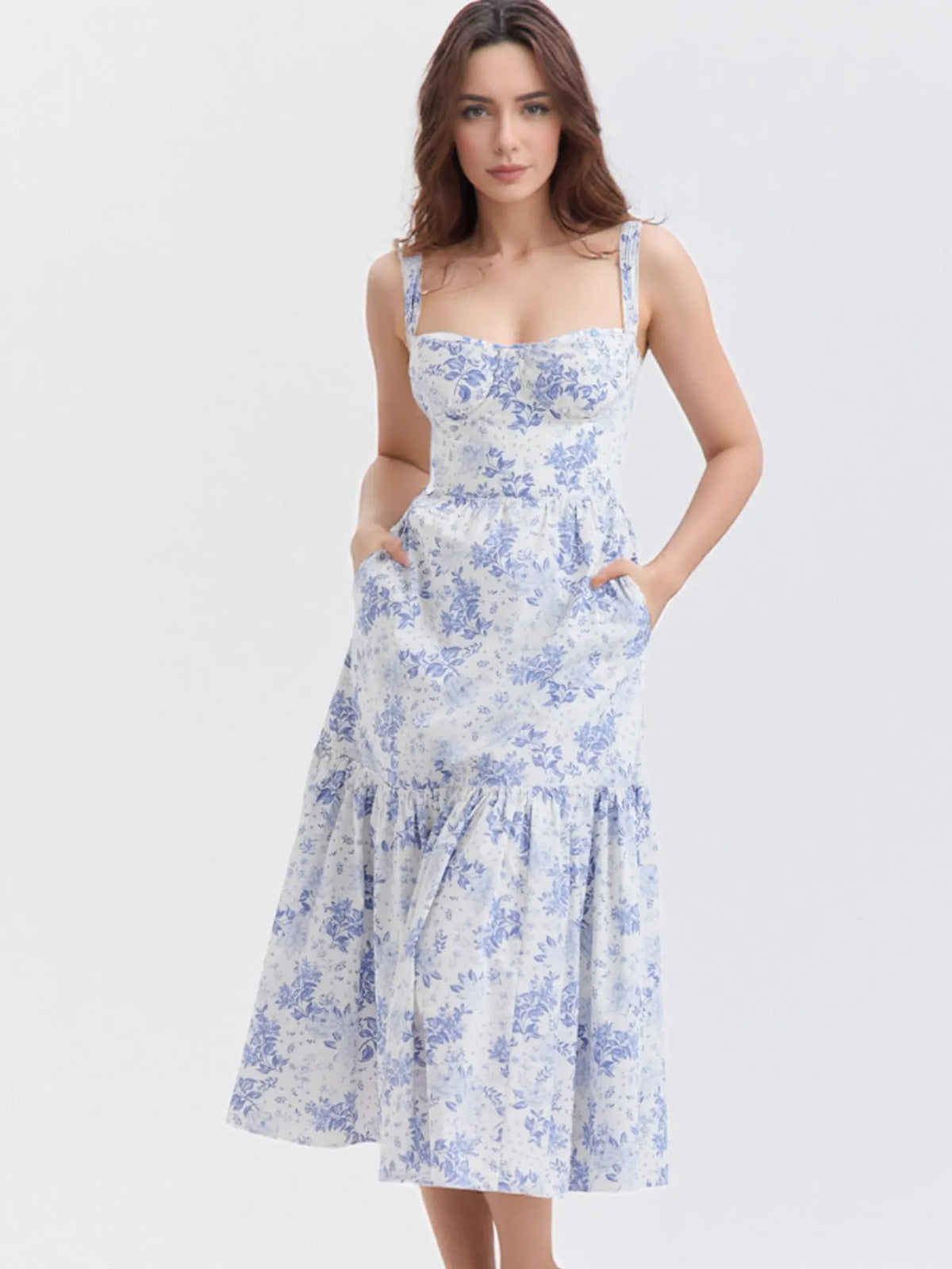 navy floral sweetheart neck midi dress Print Color:BlueBreeze True to size Lined nyla_collection_28153993_position_52 Gothic Black Strapless Corset