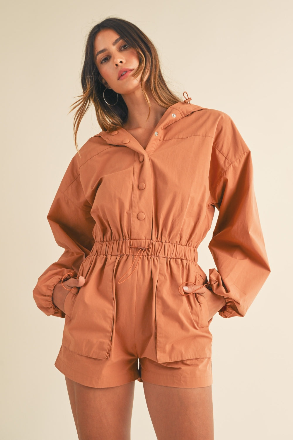 Mable Snap Down Long Sleeve Hooded Romper – Charming Charlie