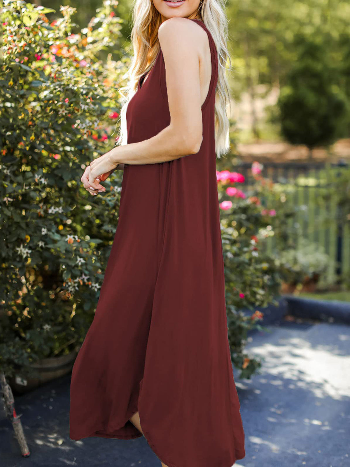 Full Size V-Neck Midi Tank Dress Wine / M