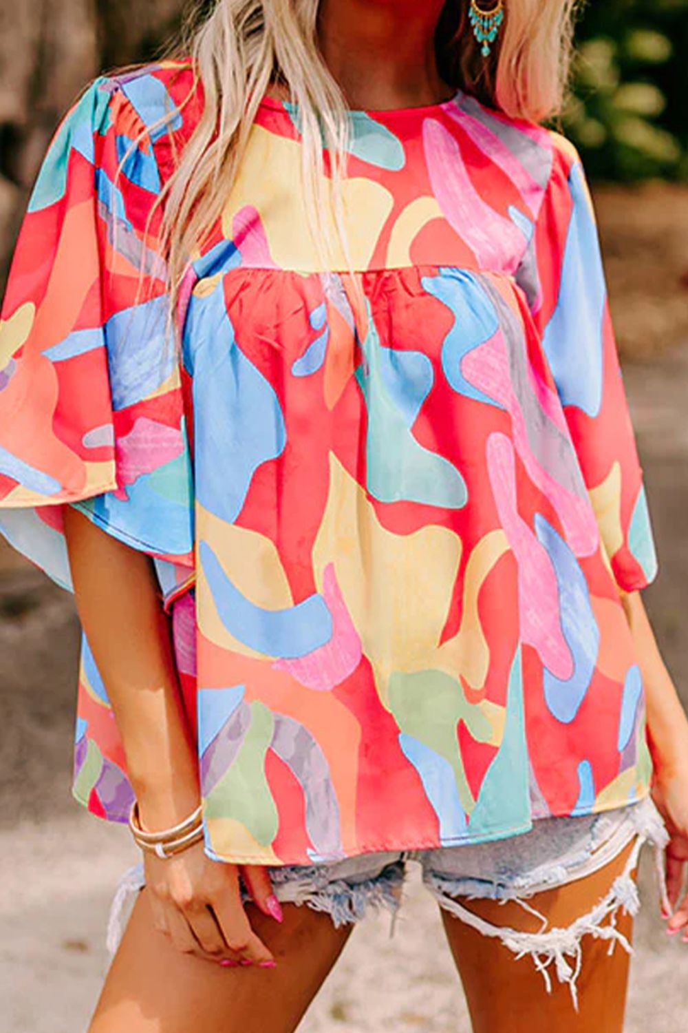 Printed Round Neck Half Sleeve Blouse - Charming Charlie