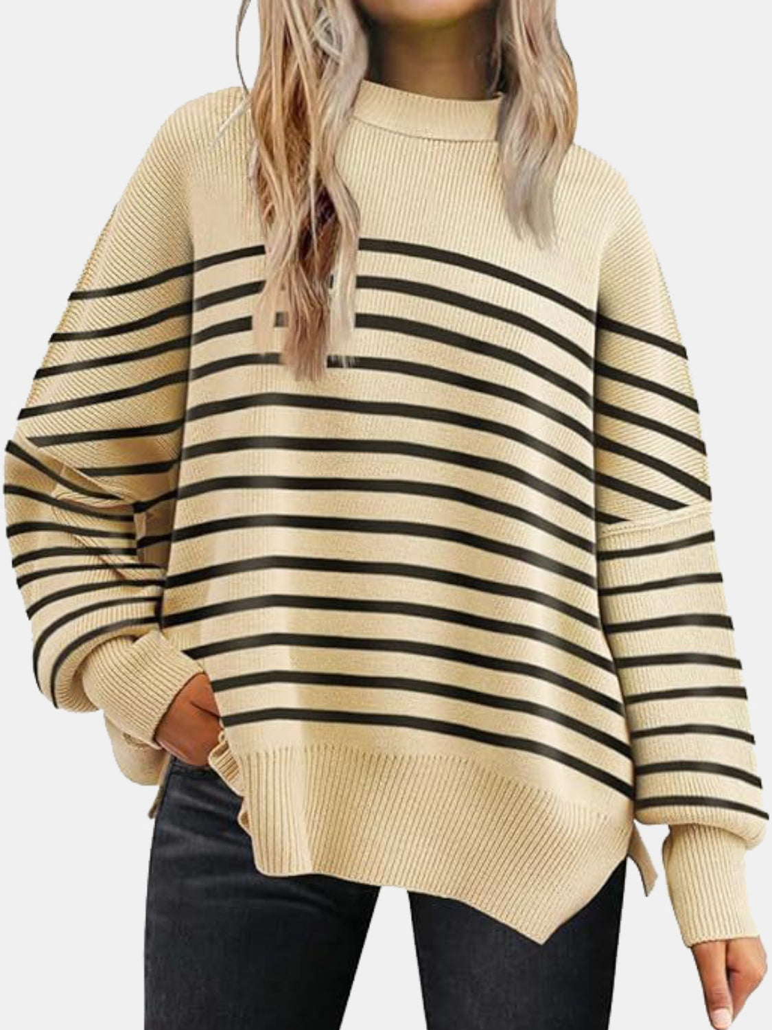 Round Neck Drop Shoulder Slit Sweater - Charming Charlie
