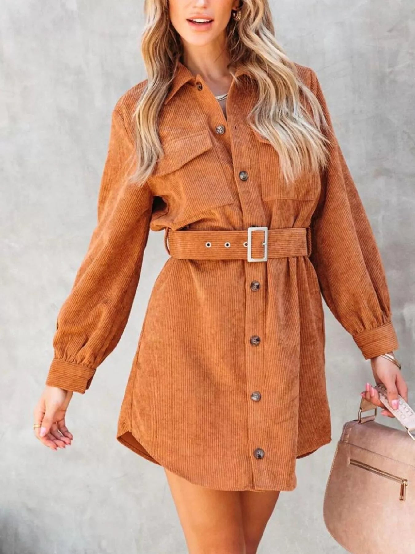 Button Front Belt Long Sleeve Corduroy Dress Light Brown / M