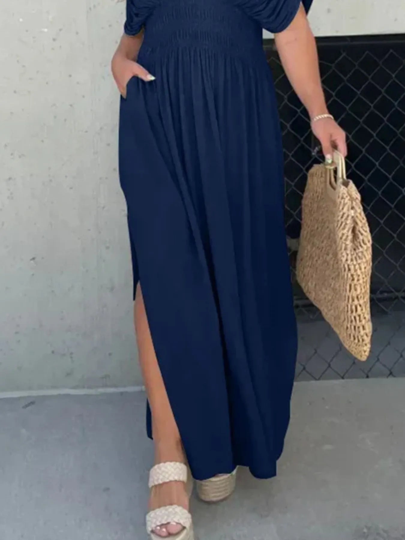 Full Size Deep V-Neck Maxi Dress with Side Slit Plus Size Navy Blue / 3XL Full Size Deep V-Neck Maxi Dress with Side Slit Plus Size Navy Blue / 3XL