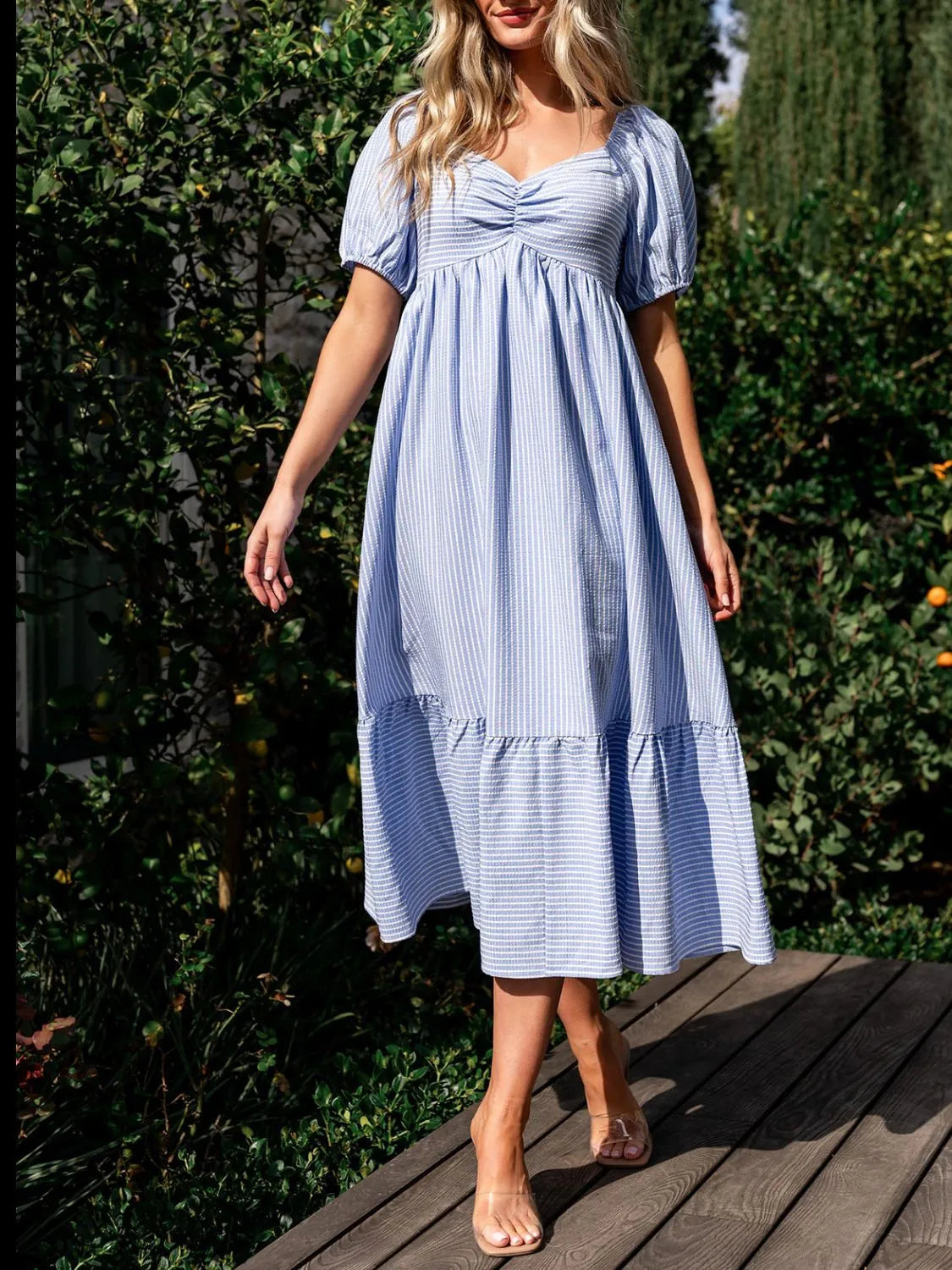 Striped Sweetheart Neck Puff Sleeve Midi Dress  Charming Charlie
