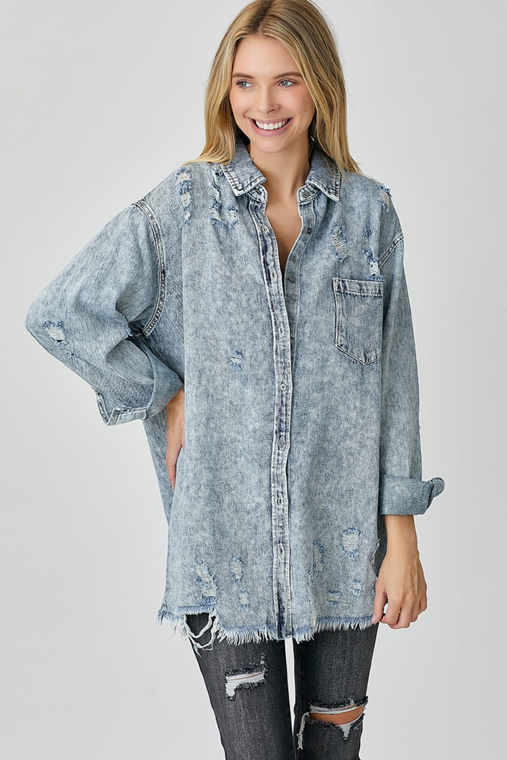 RISEN Distressed Raw Hem Denim Shirt - Charming Charlie