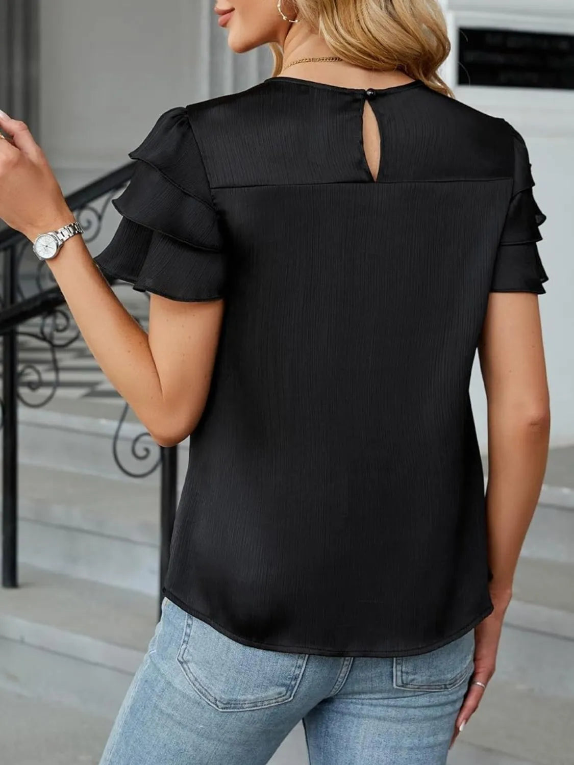 Shiny Round Neck Dropped Shoulder Tiered Blouse