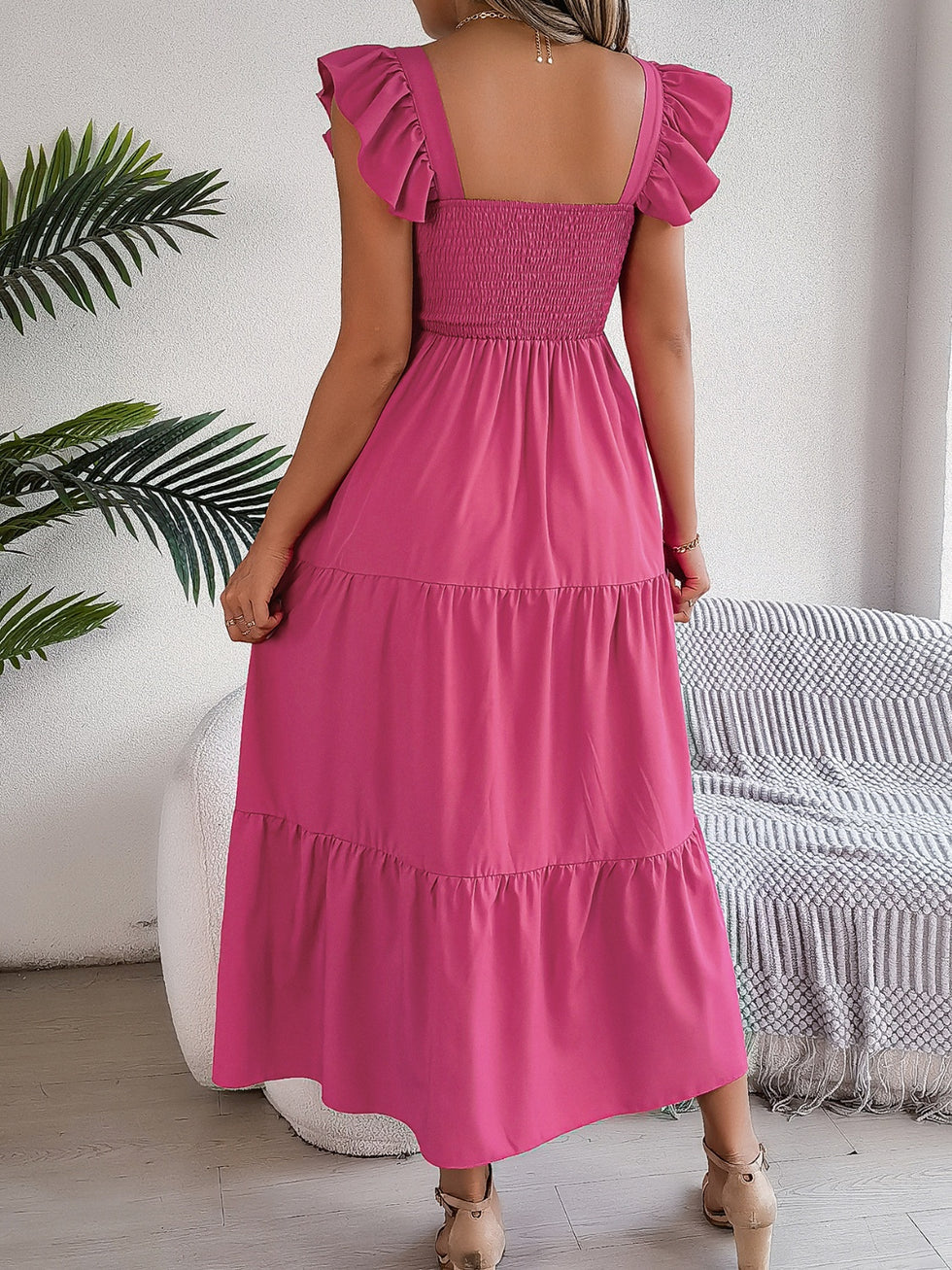 Square Neck Smocked Tiered Midi Dress
