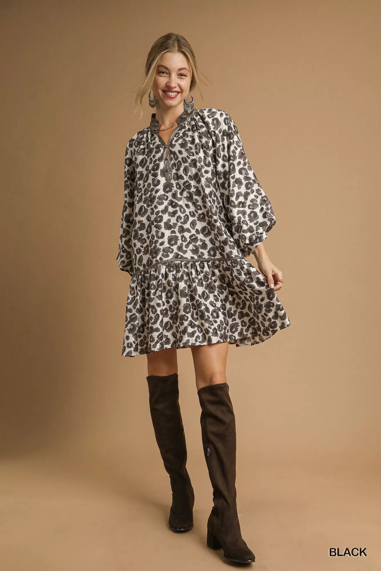 Umgee Leopard Print Tiered Mini Dress Black / S