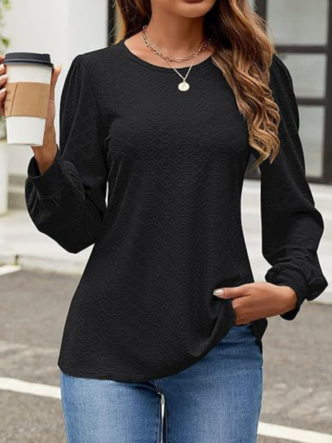 Eyelet Round Neck Long Sleeve Top - Charming Charlie