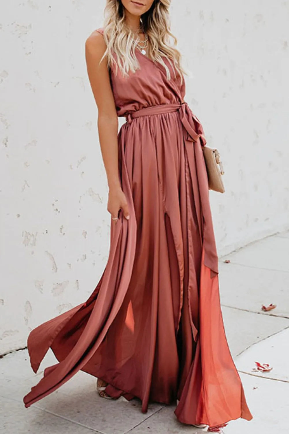 Surplice Tie Waist Long Sleeve Midi Dress