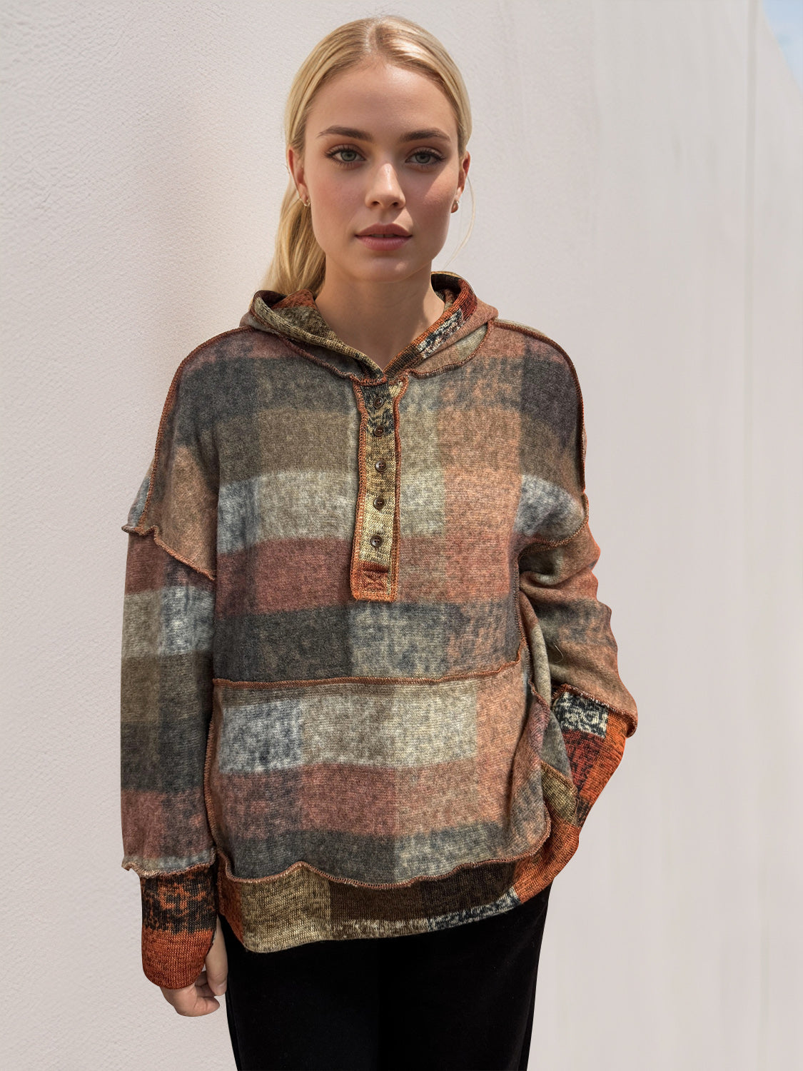 Double Take Full Size Plaid Dropped Shoulder Fleece Hoodie - Charming Charlie