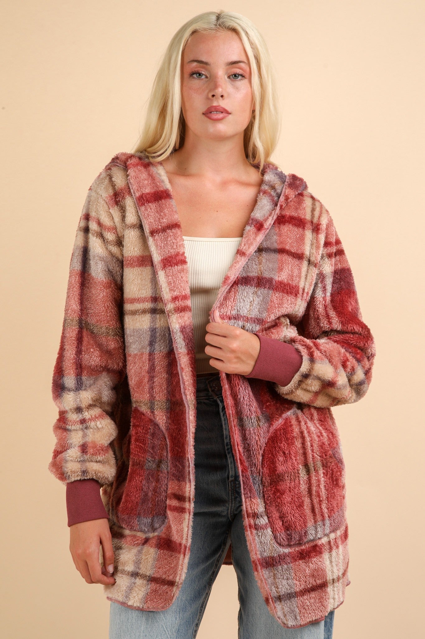 VERY J Fuzzy Plaid Long Sleeve Hooded Jacket - Charming Charlie