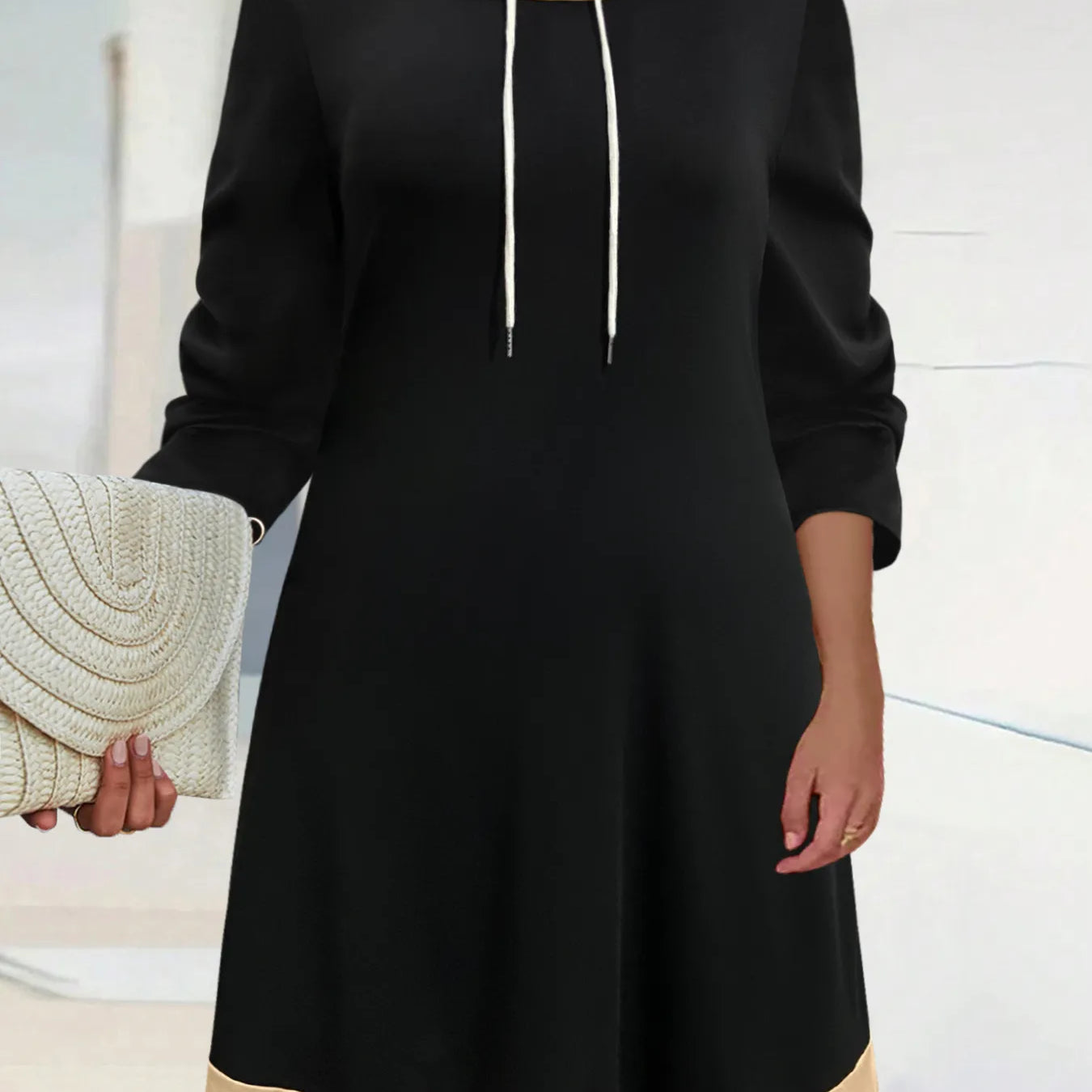 Plus Size Contrast Trim Drawstring Long Sleeve Mini Dress Black / 1XL Plus Size Contrast Trim Drawstring Long Sleeve Mini Dress Black / 1XL