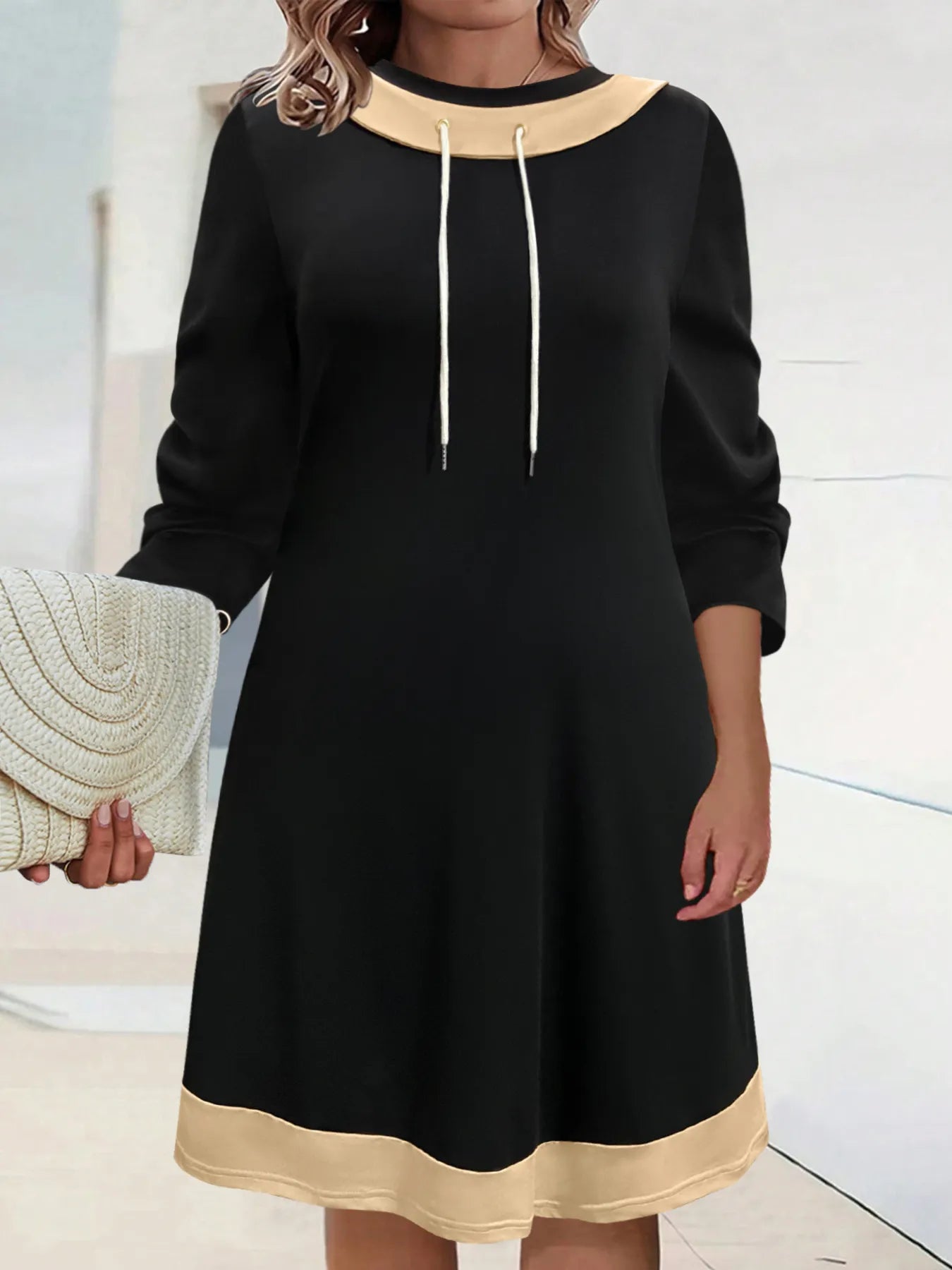 Plus Size Contrast Trim Drawstring Long Sleeve Mini Dress Charming Charlie Plus Size Contrast Trim Drawstring Long Sleeve Mini Dress Charming Charlie