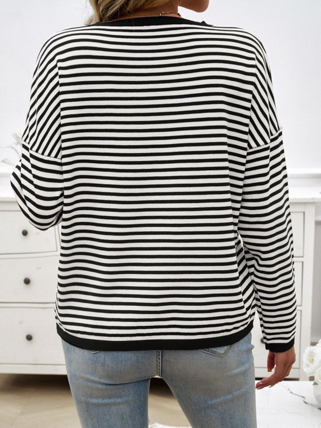 Striped Round Neck Dropped Shoulder Sweater - Charming Charlie