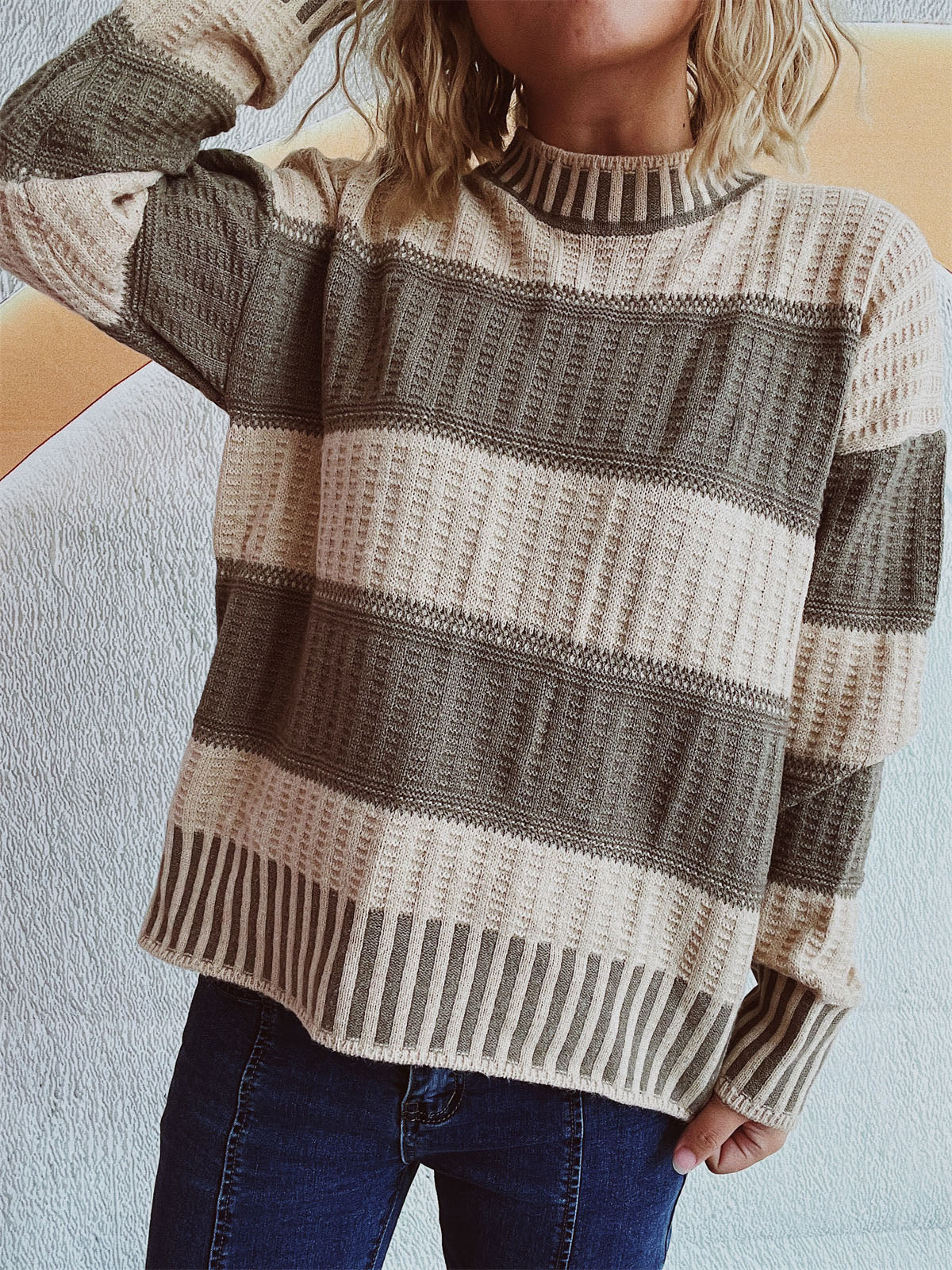 Contrast Round Neck Long Sleeve Sweater - Charming Charlie
