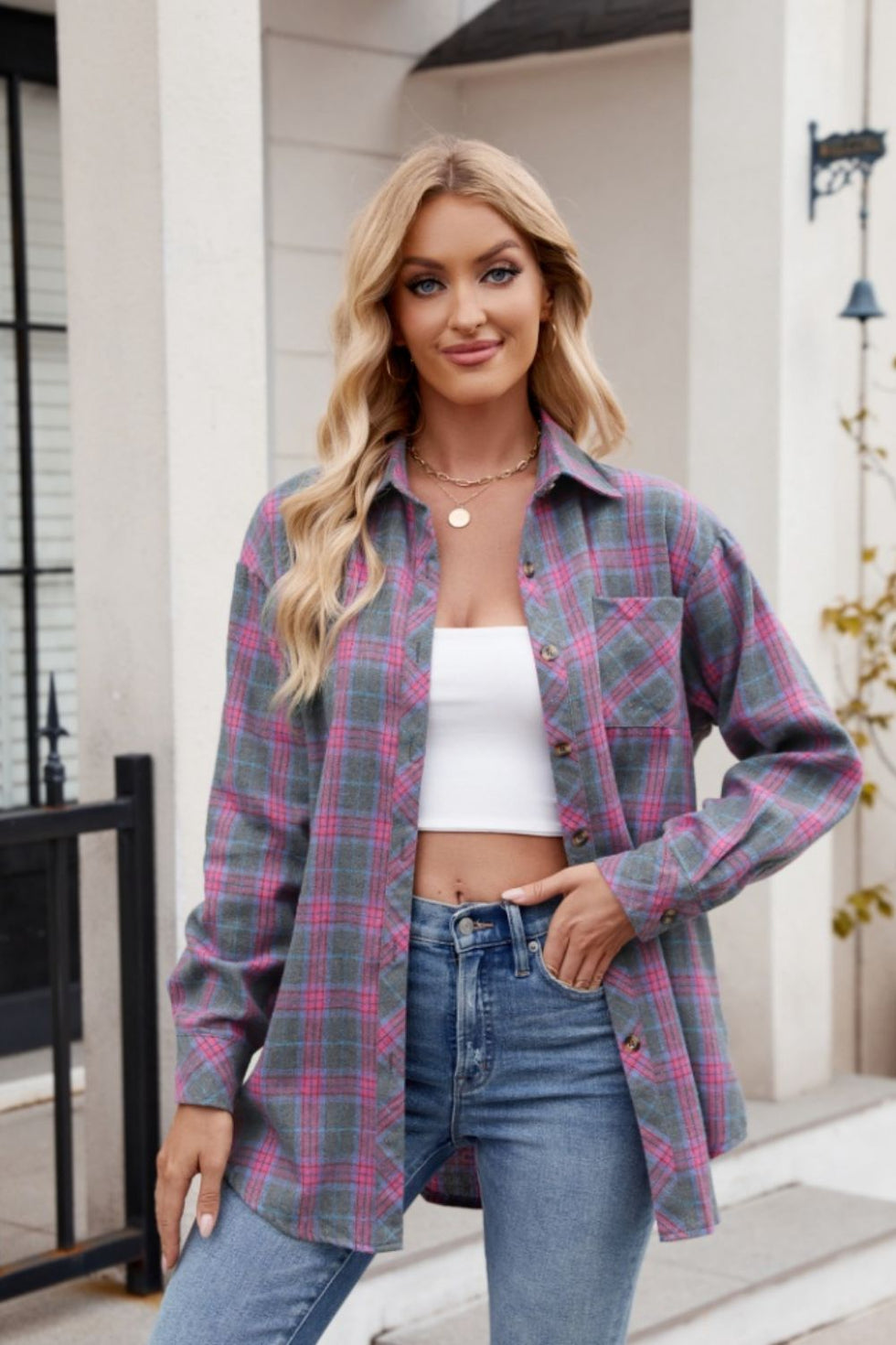 Pocketed Plaid Collared Neck Long Sleeve Shirt  Charming Charlie