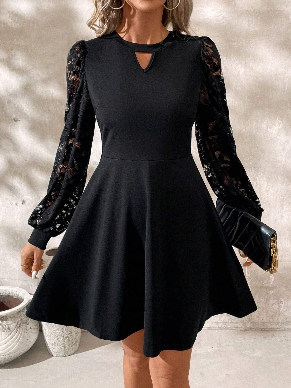 Cutout Lace Long Sleeve Mini Dress Black / S