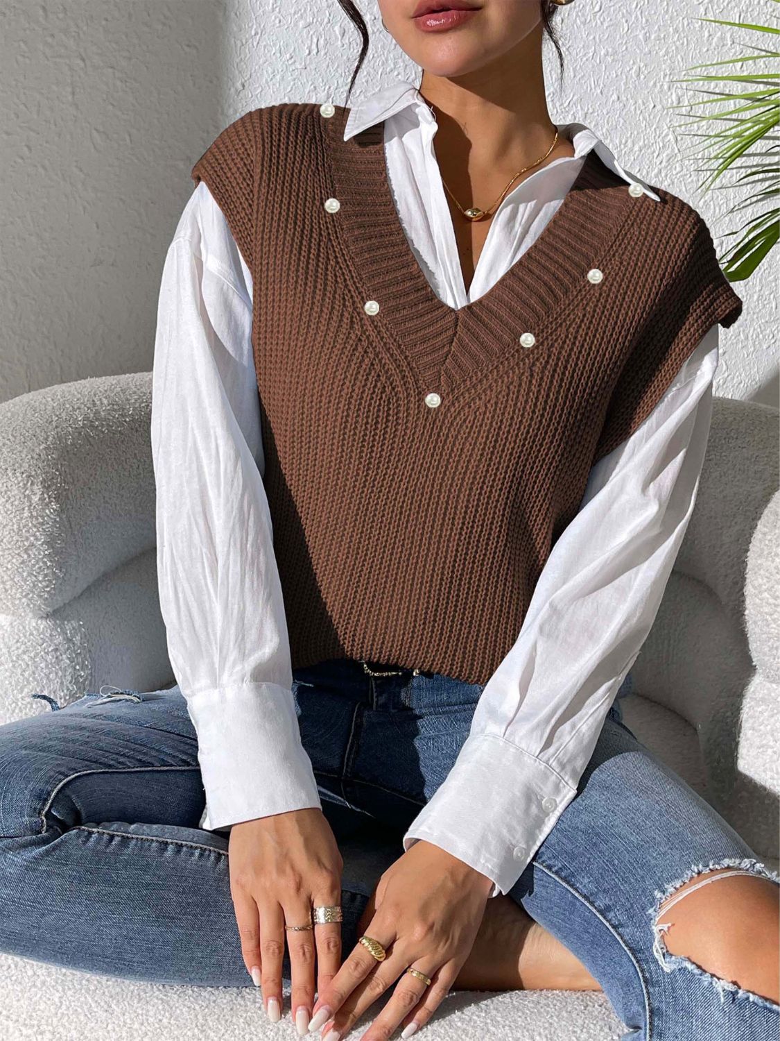 Pearl Trim V-Neck Sweater Vest – Charming Charlie