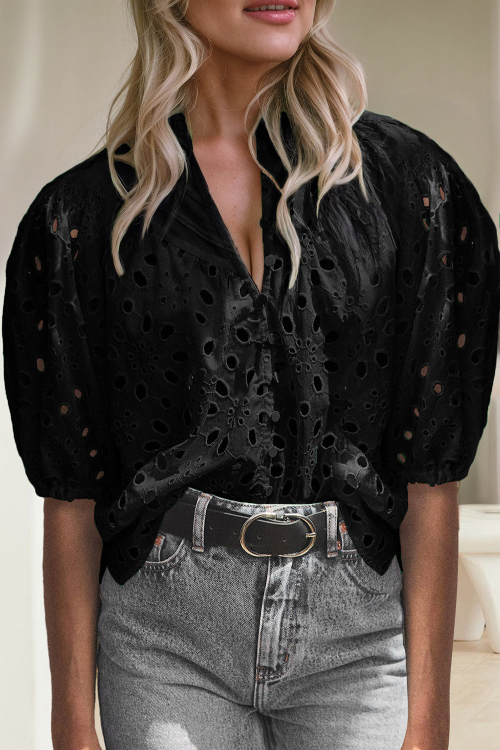 Eyelet Button Up Half Sleeve Blouse - Charming Charlie