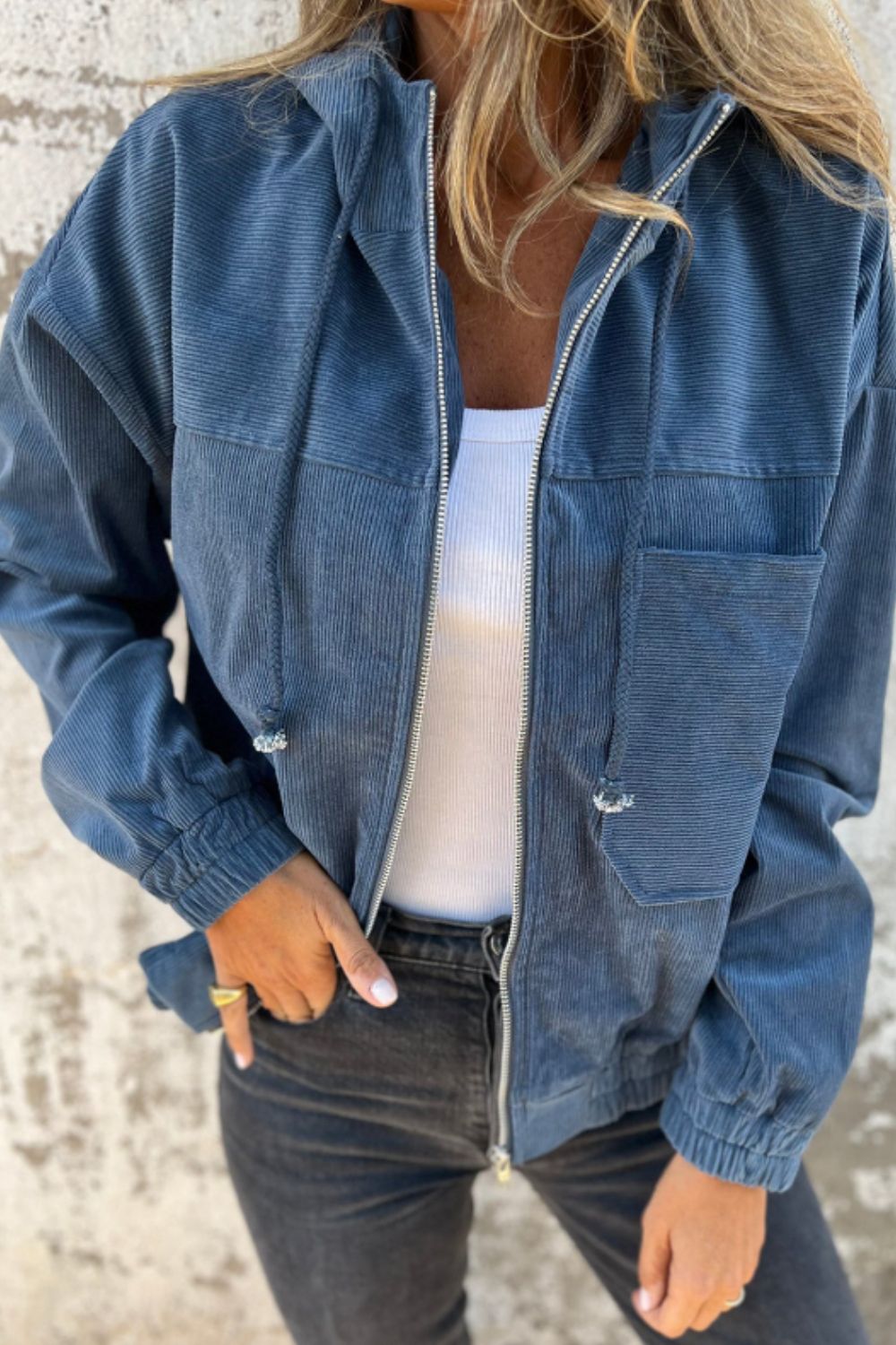 Pocketed Zip Up Long Sleeve Hooded Jacket - Charming Charlie