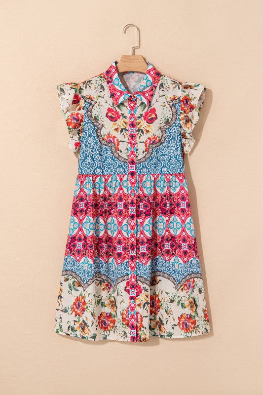 floral frill mini dress Floral Ruffle Flutter Sleeve Buttoned Mini Dress Rose / S