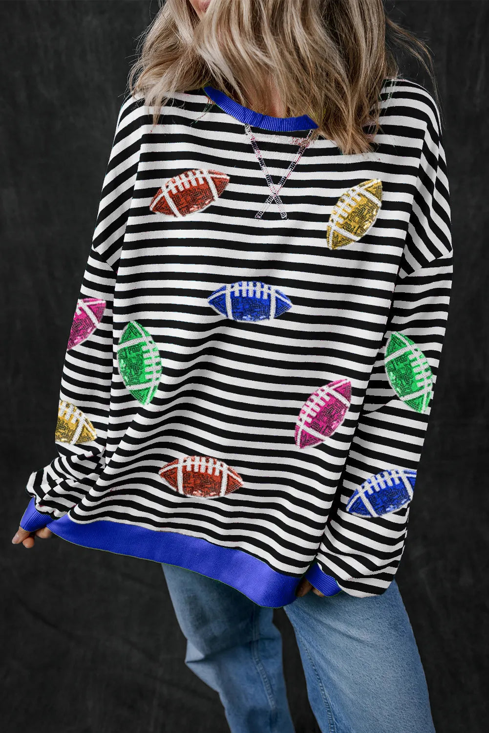 Sequin Football Striped Round Neck Long Sleeve Sweatshirt - Charming Charlie