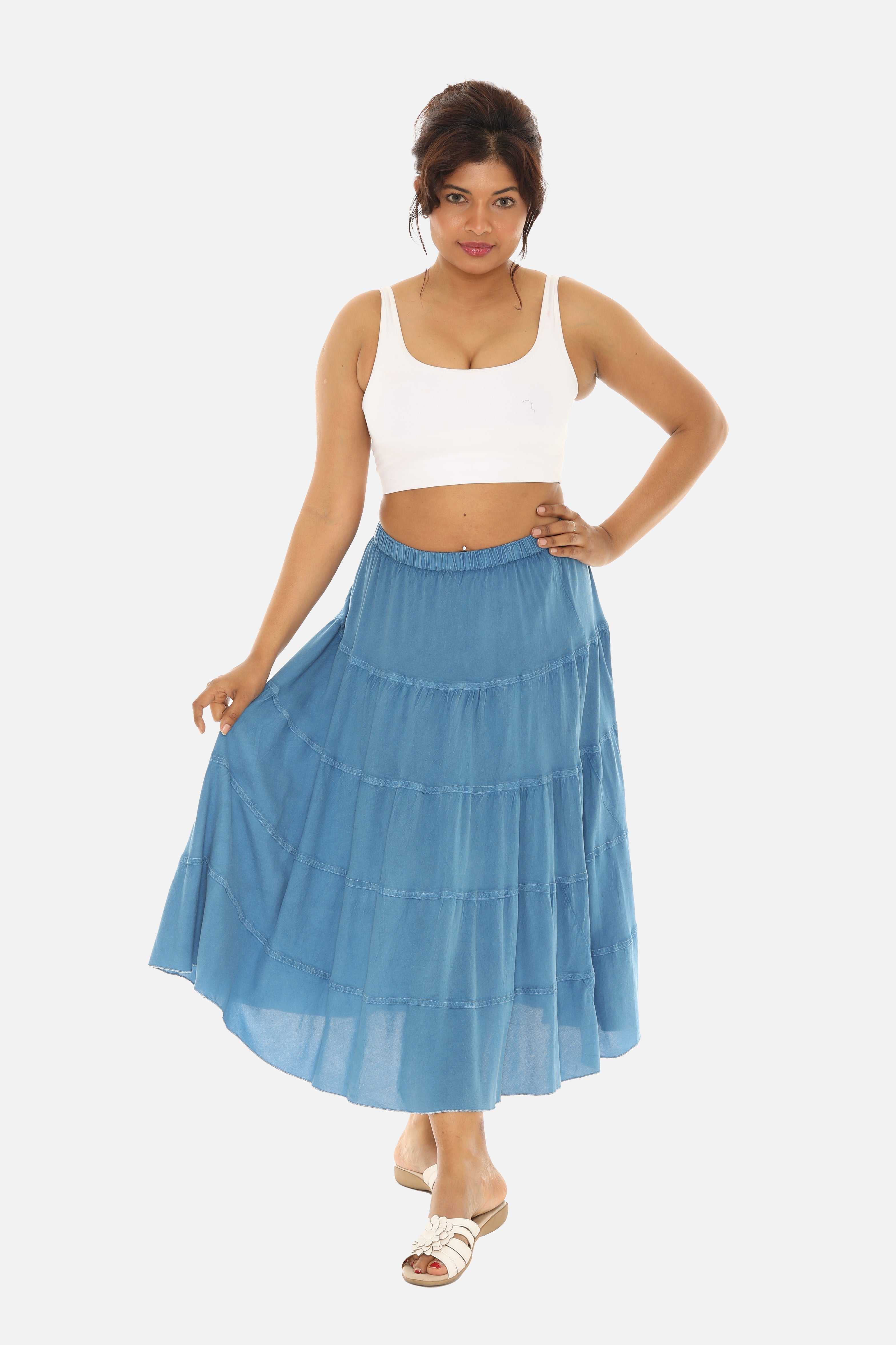 Blue Tiered Midi Skirt