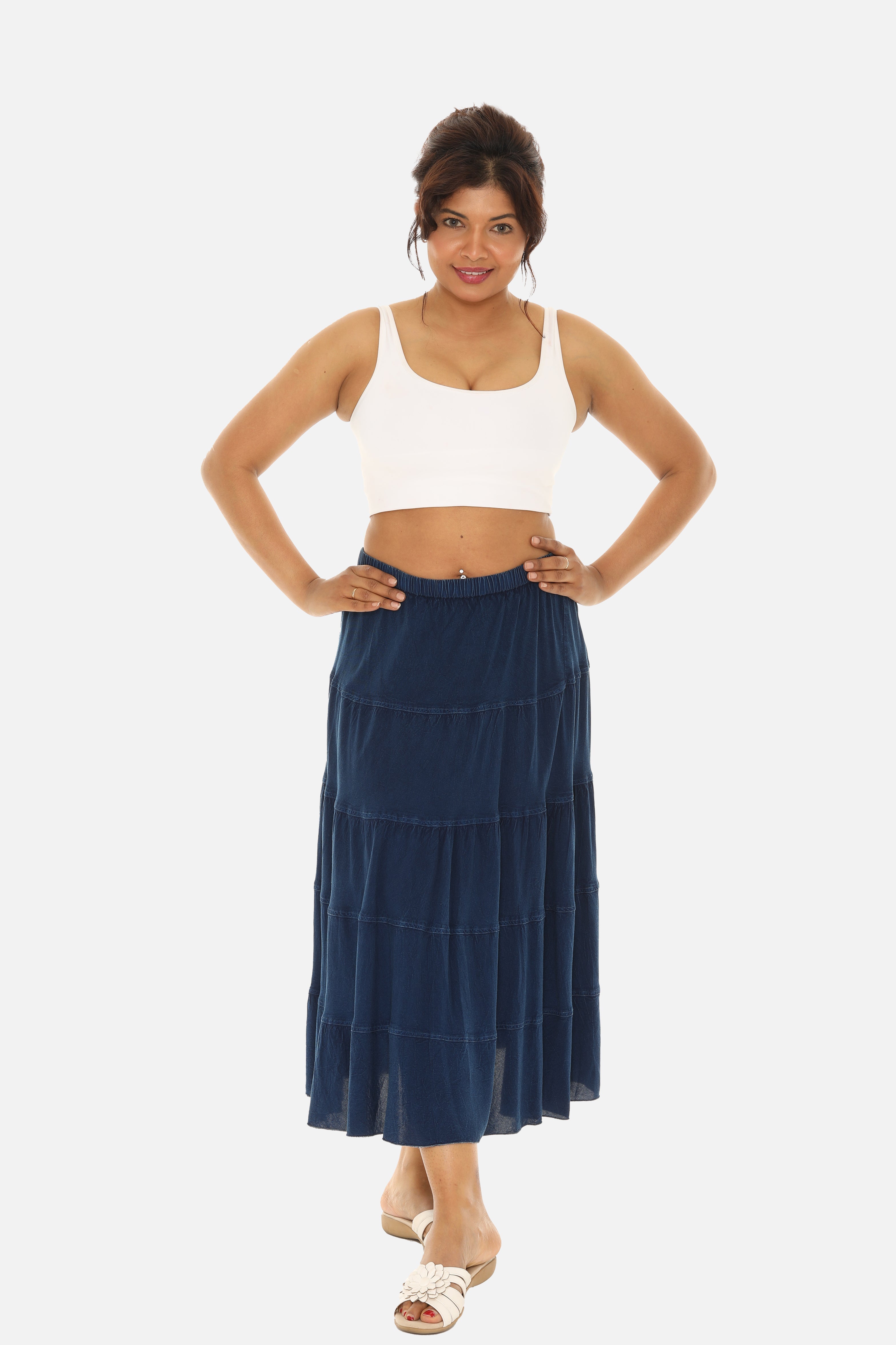 Blue Tiered Midi Skirt