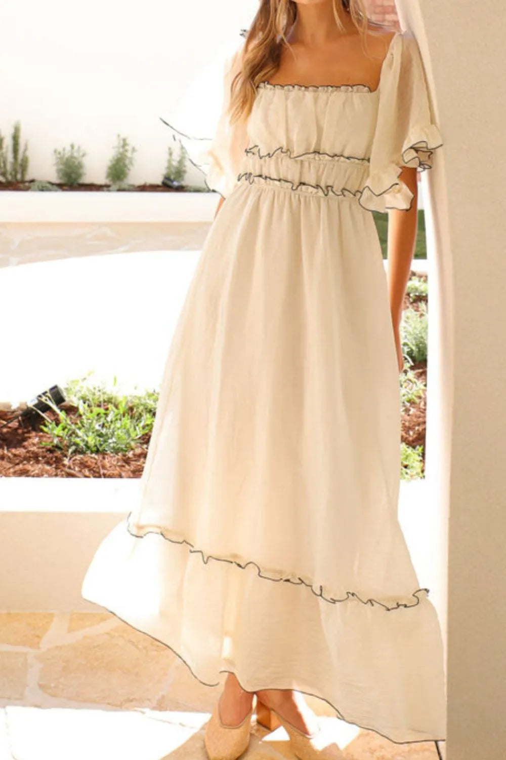 Printed Square Neck Short Sleeve Midi Dress