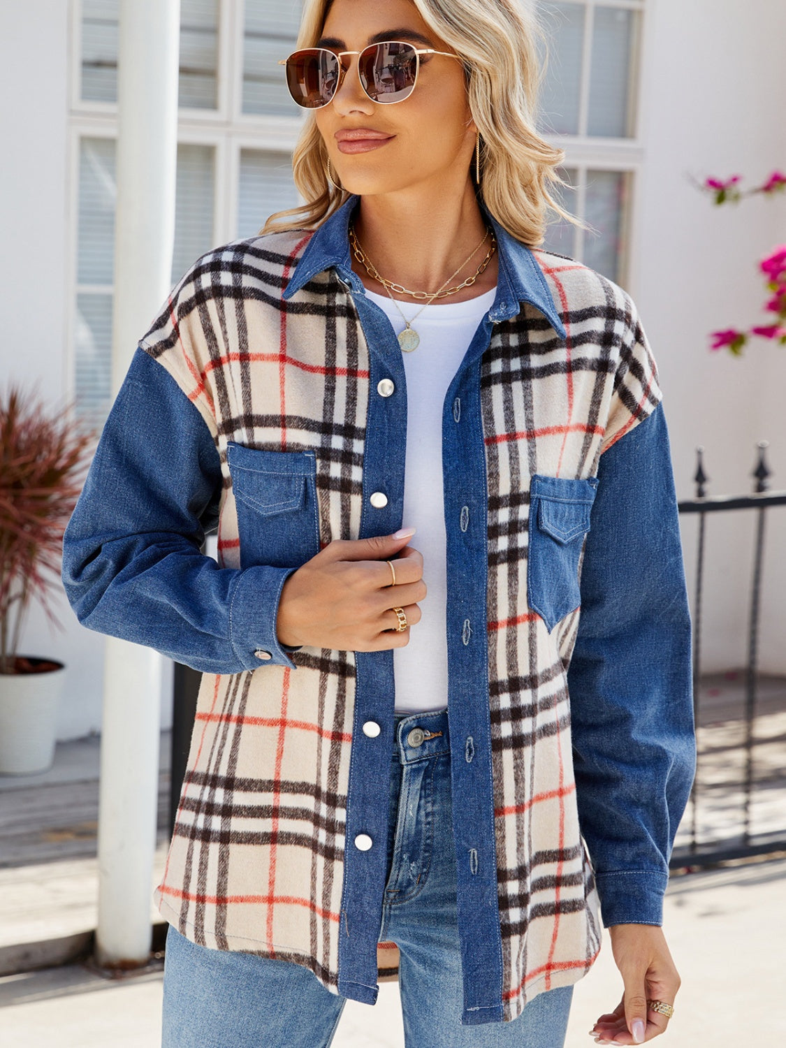 Denim jacket with plaid sleeves best sale