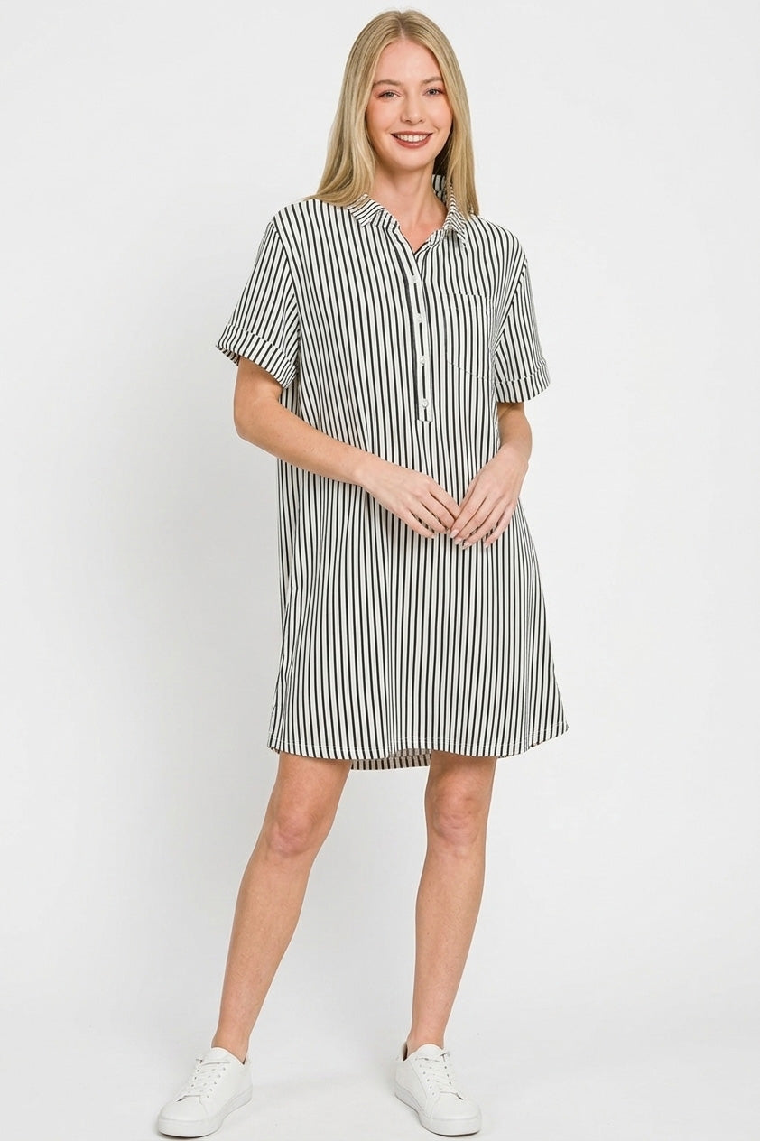 Zenana Stripe Collared Half Button Up T-Shirts Dress Black / S