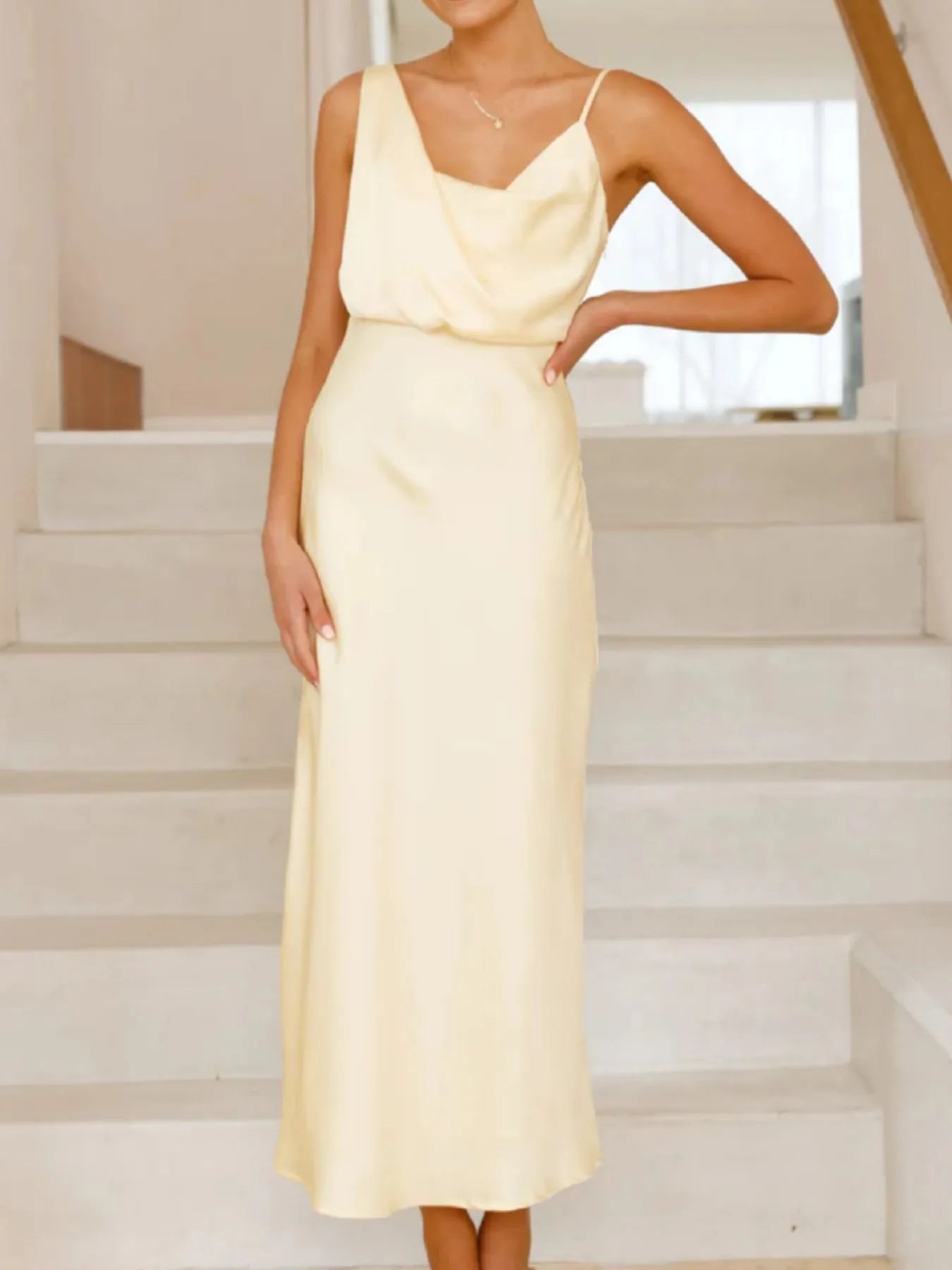 Satin Asymmetrical Midi Dress Light Yellow / S